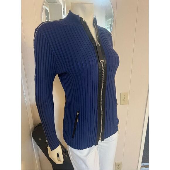 Jamie Saddock Blue Stretchy Ribbed Zip Front & Sleeves black faux leather Trmmed - Picture 2 of 8